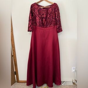 Azazie wine colored 3/4 sleeve with sequin top long dress in size 18